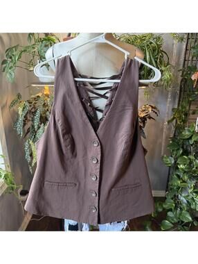 Lane Bryant Brown Lace-Up Back Button Front Vest